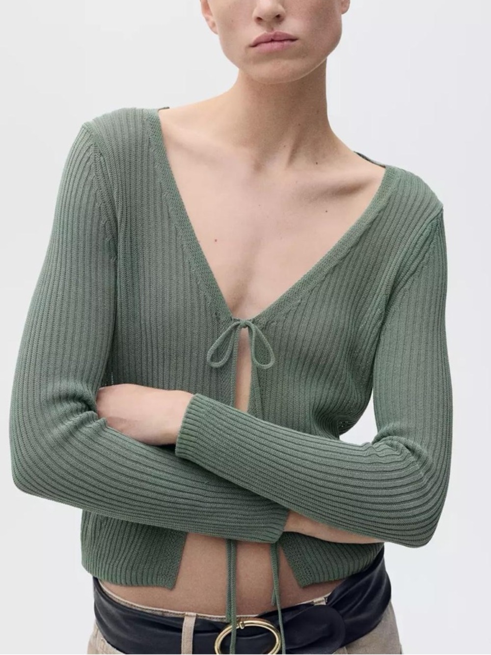 Sage Green Ribbed Tie-Front Cardigan